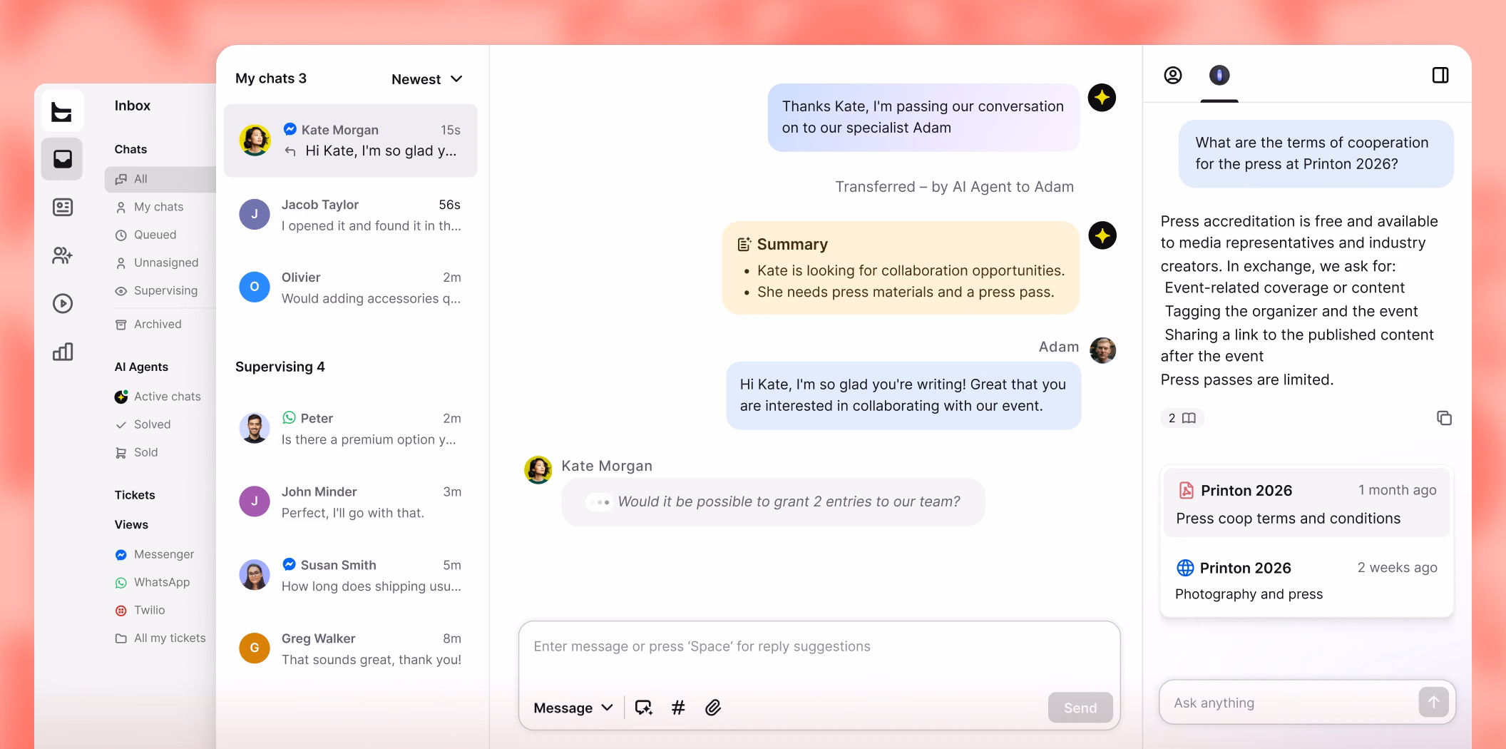 Unified inbox with Messenger and WhatsApp chats, an AI conversation summary, and related resources beside the thread