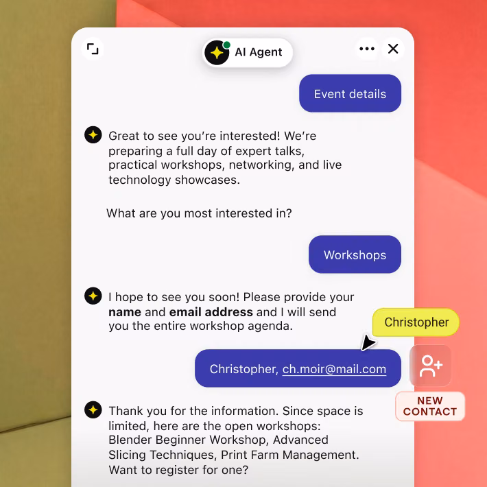AI Agent answering a first question and qualifying the visitor as a sales lead