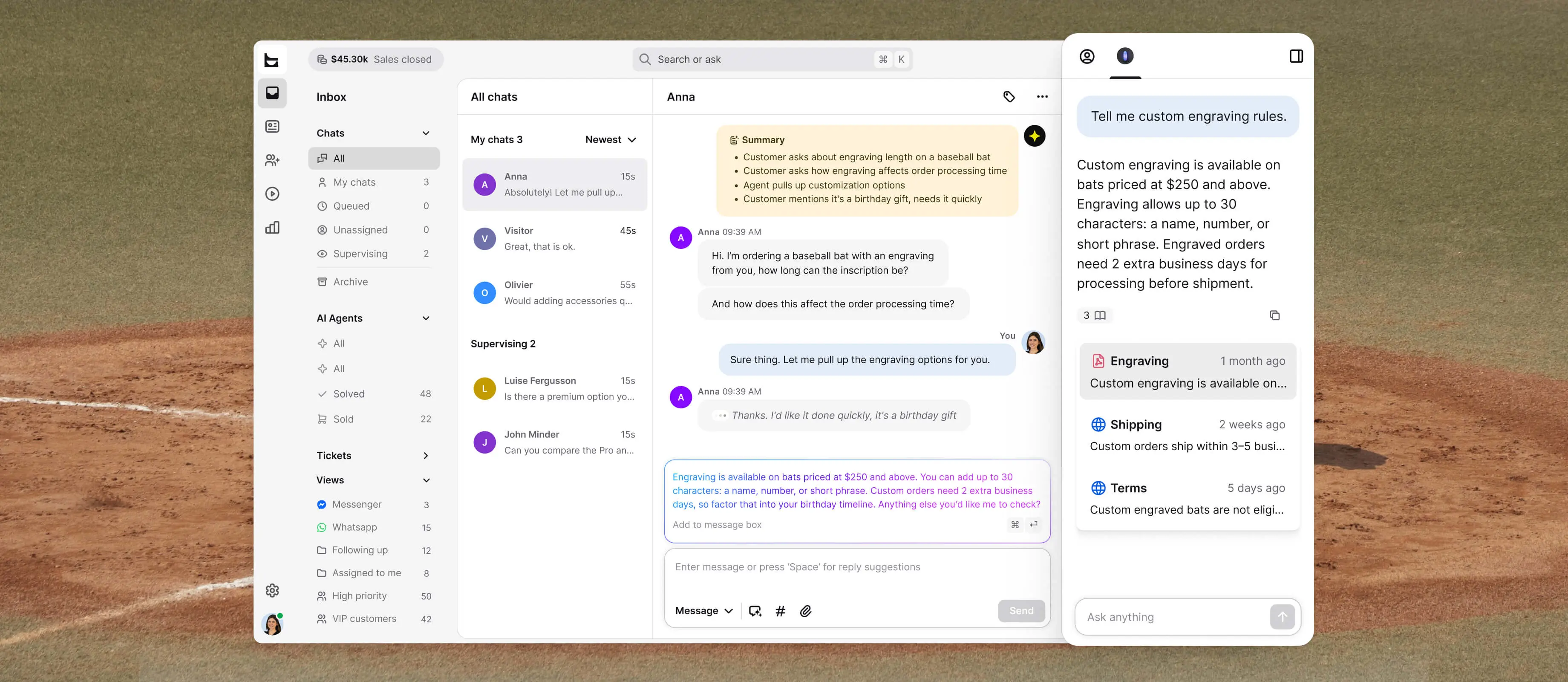 Text Omnichannel Inbox showing AI-drafted replies powered by conversation context and company knowledge, helping agents answer customer questions faster and consistently