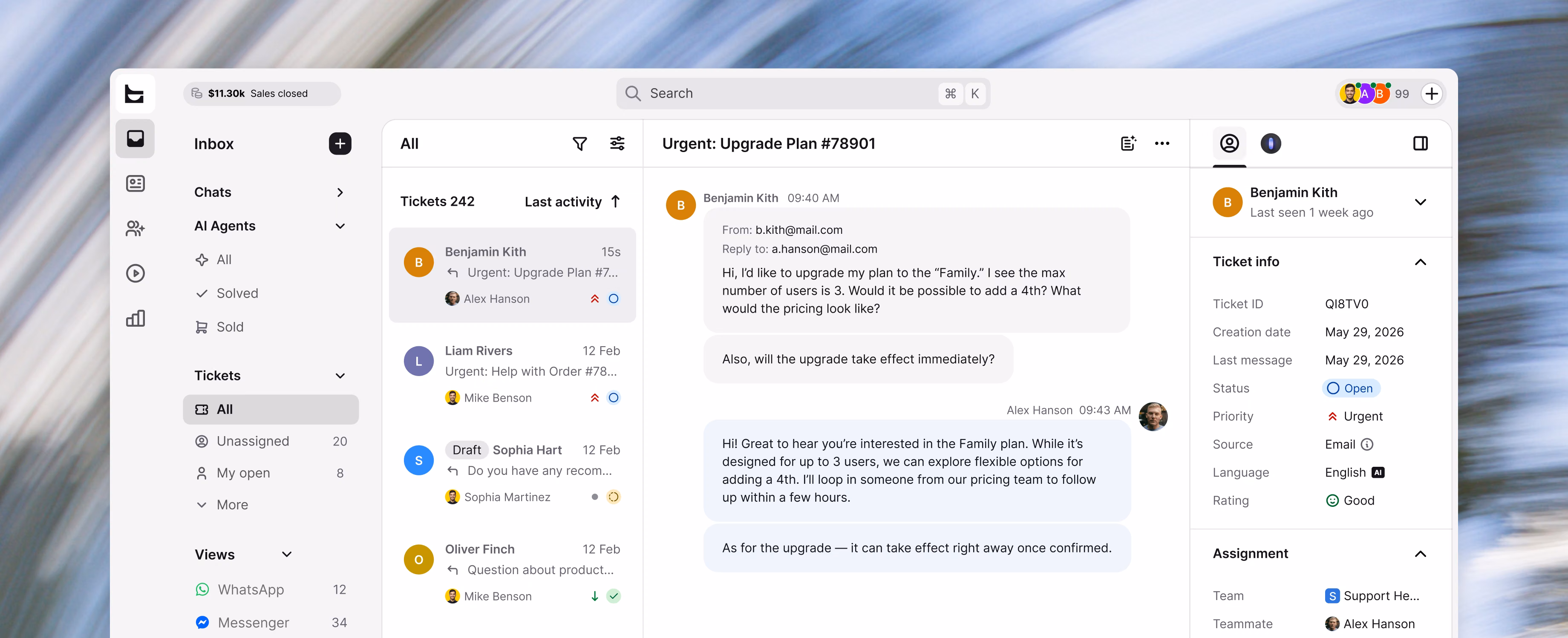 Text help desk inbox showing an urgent ticket about a plan upgrade with a customer info panel