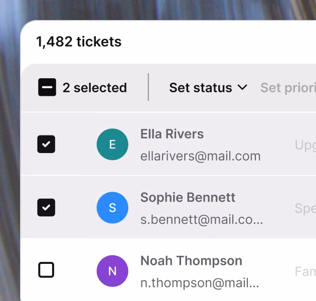 Ticket list with bulk actions to set status, priority, team, teammate, and tags across selected tickets