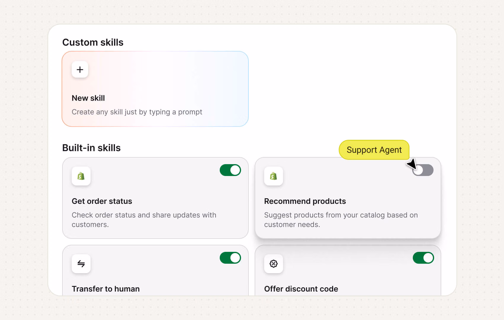 Shopify AI chatbot skills screen with built-in order status and product recommendation skills