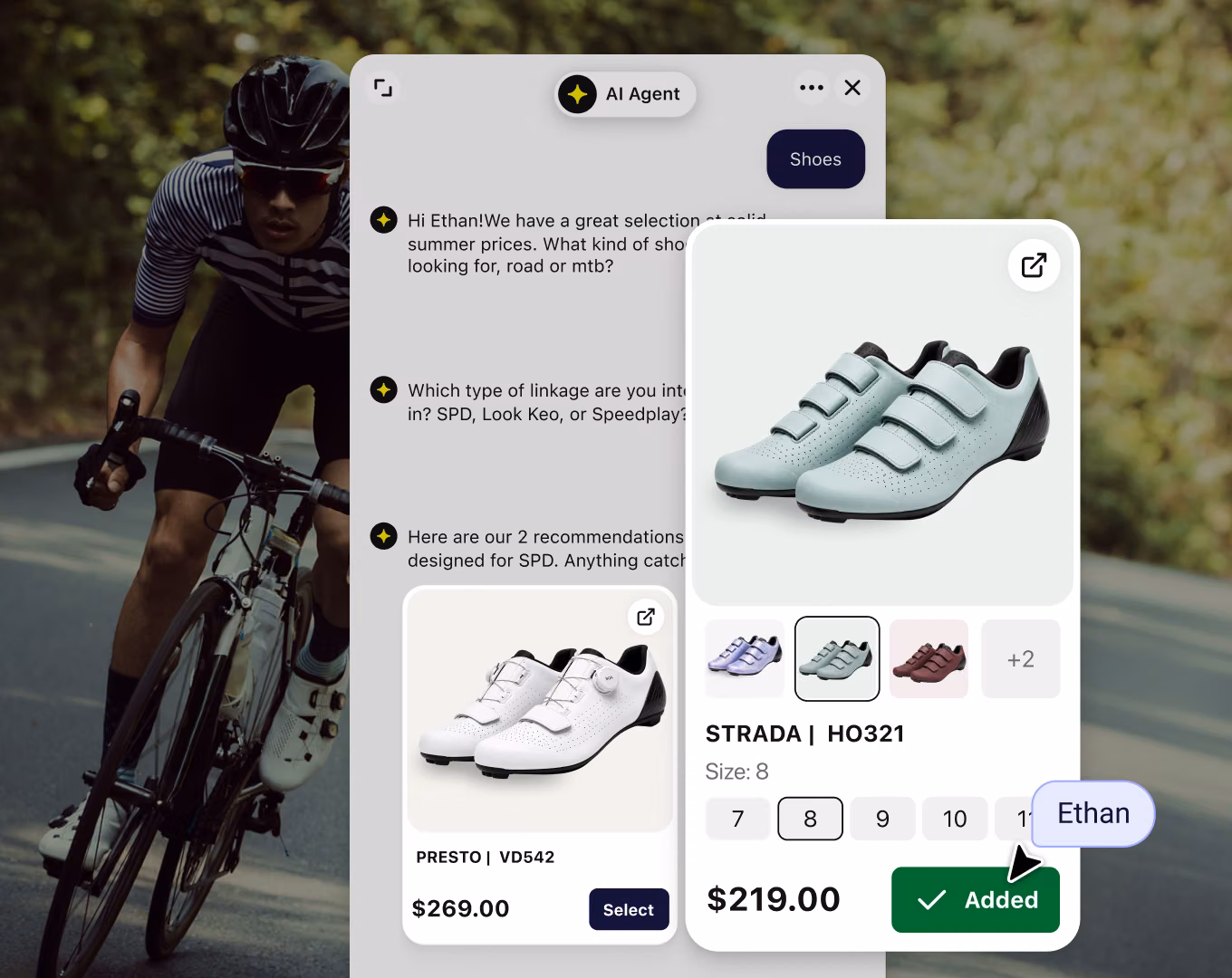 AI Agent chat recommending cycling shoes to a shopper, with size options and an added-to-cart confirmation