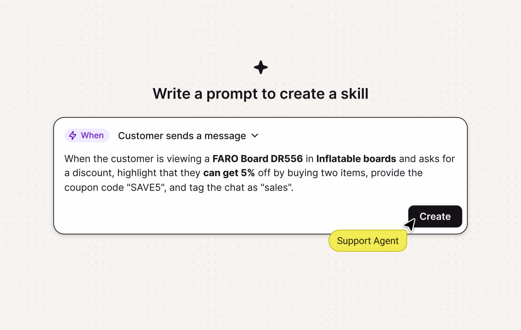 WooCommerce AI chatbot skill builder creating a custom discount coupon rule in plain language