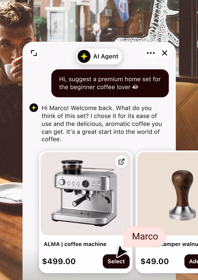 AI Agent chat widget recommending a coffee set to a shopper mid-conversation on a Swell storefront