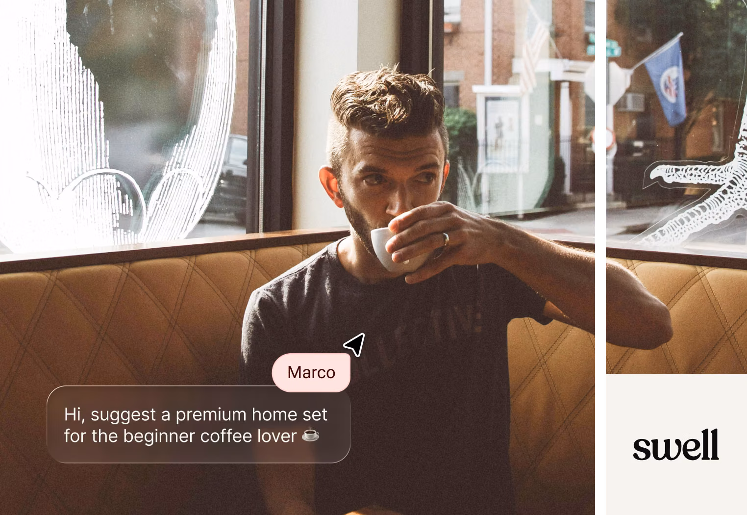 AI Agent chat widget recommending a coffee set to a shopper mid-conversation on a Swell storefront