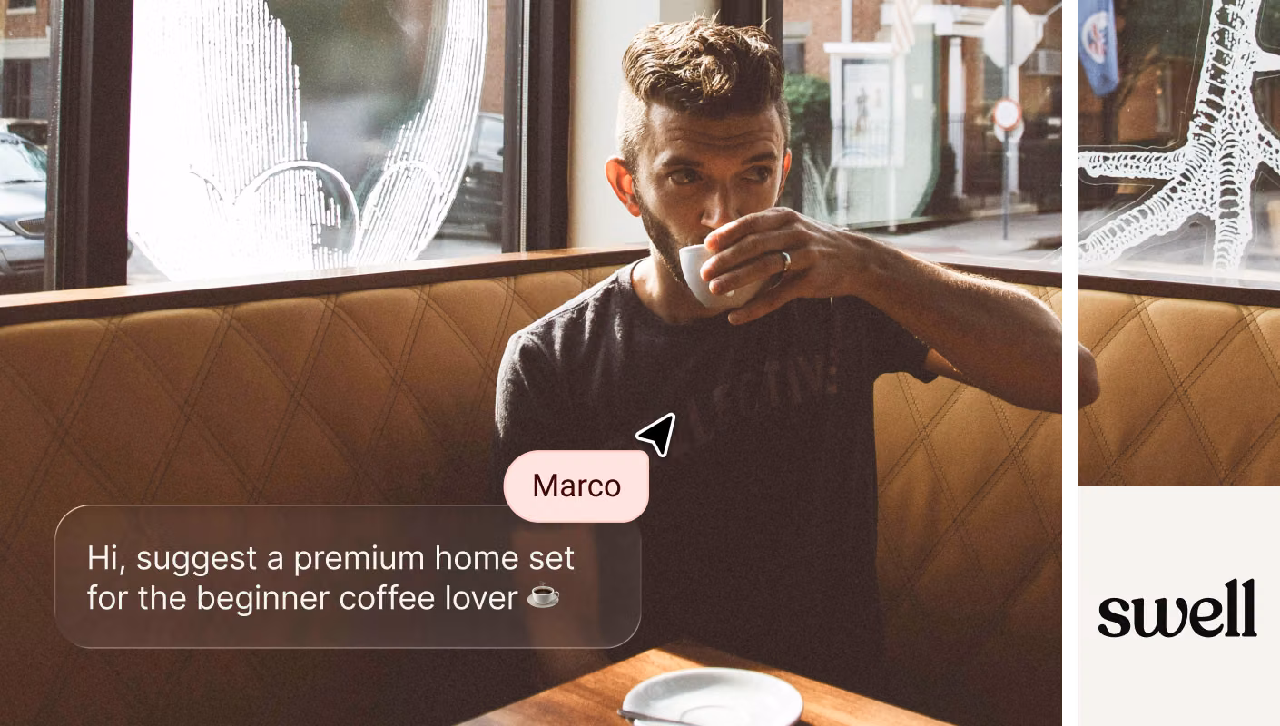 AI Agent chat widget recommending a coffee set to a shopper mid-conversation on a Swell storefront