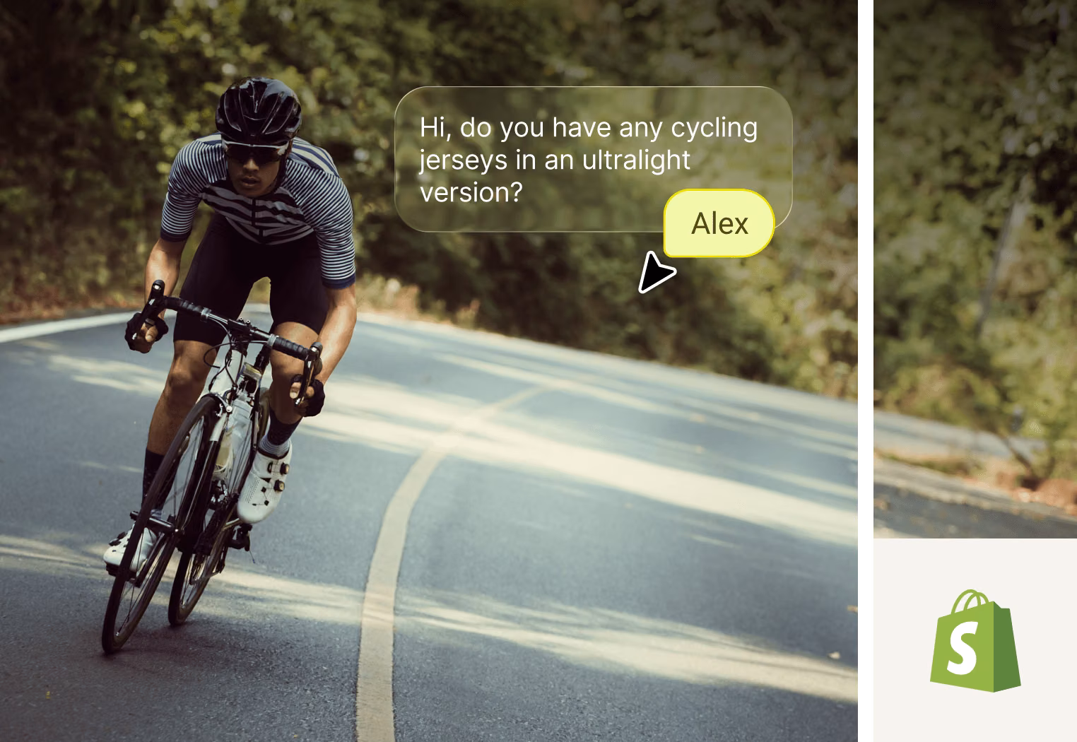 Shopify integration showing an AI agent recommending cycling jerseys in a chat widget