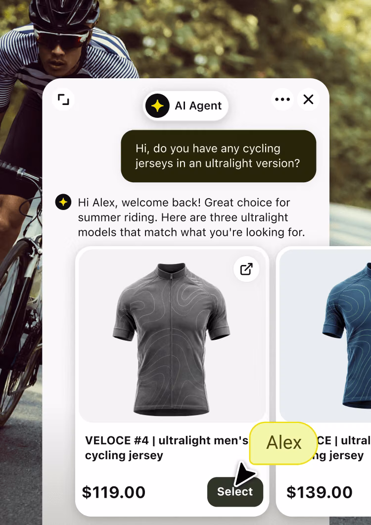 Shopify integration showing an AI agent recommending cycling jerseys in a chat widget