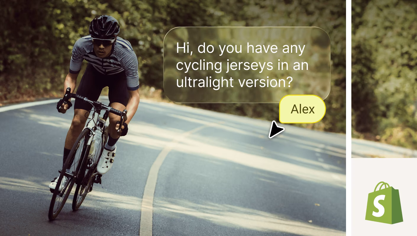 Shopify integration showing an AI agent recommending cycling jerseys in a chat widget