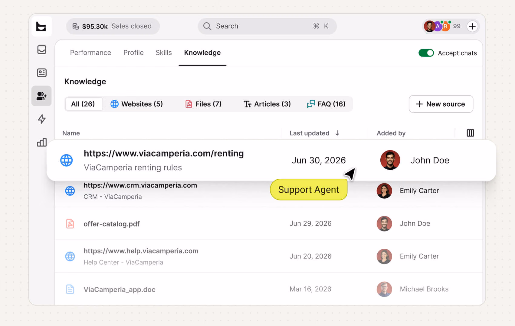 Webflow AI chatbot knowledge base built from websites, files, articles, and FAQs