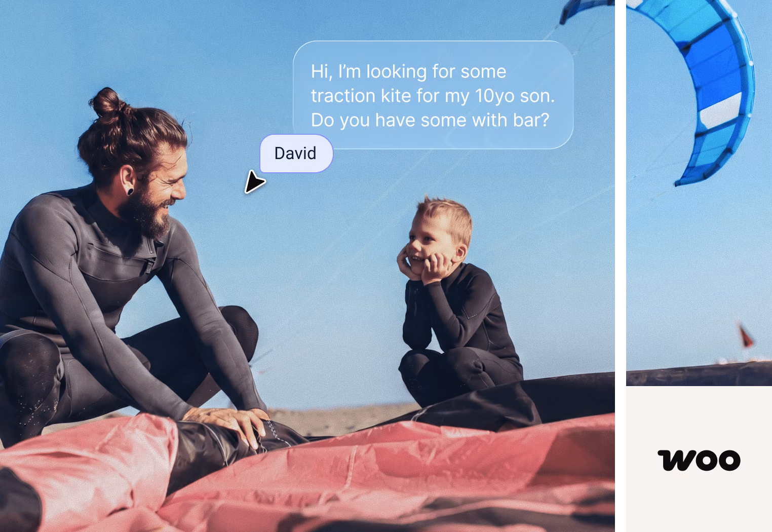 WooCommerce integration chat widget showing an AI agent recommending kite gear to a shopper