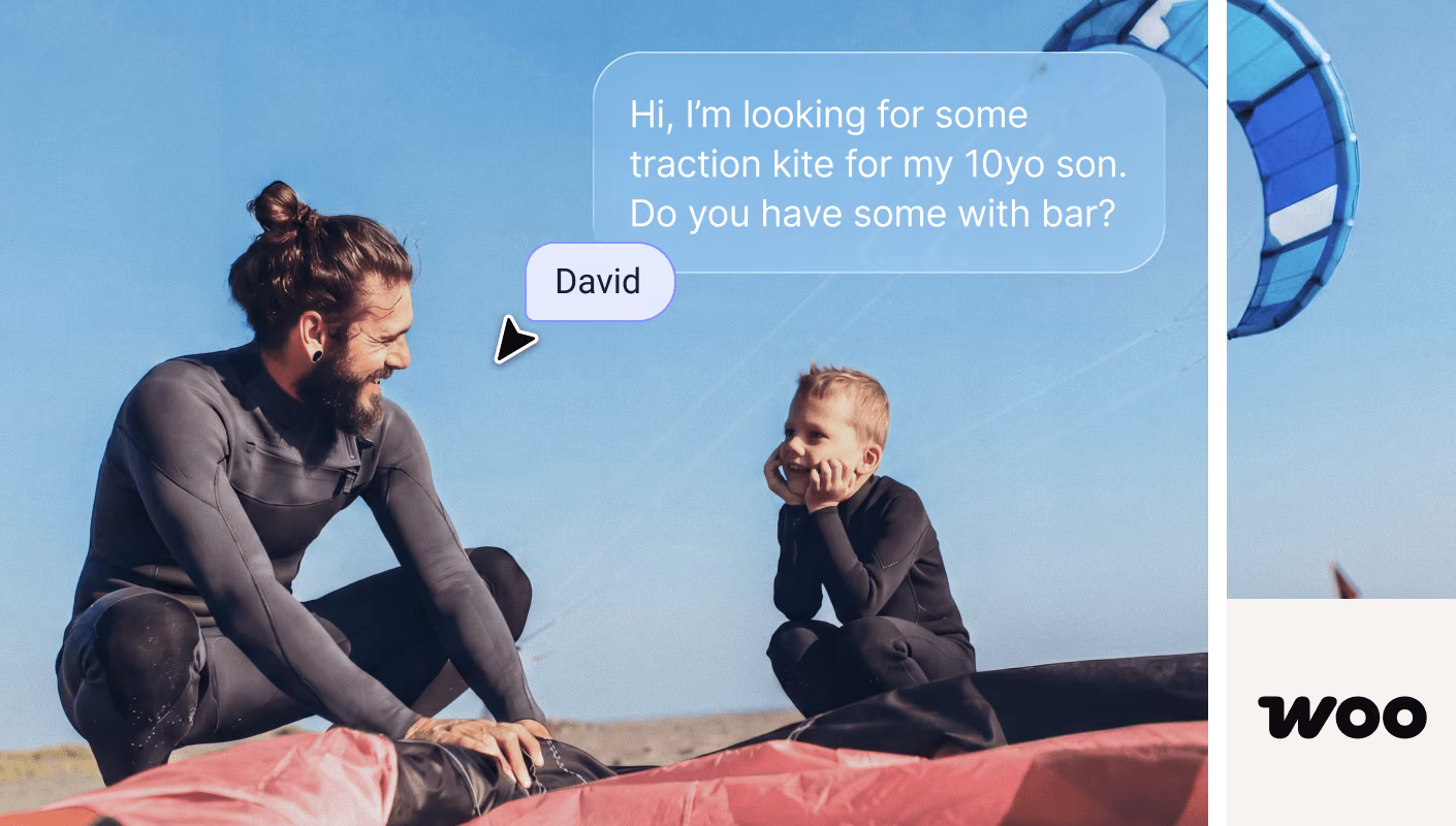 WooCommerce integration chat widget showing an AI agent recommending kite gear to a shopper