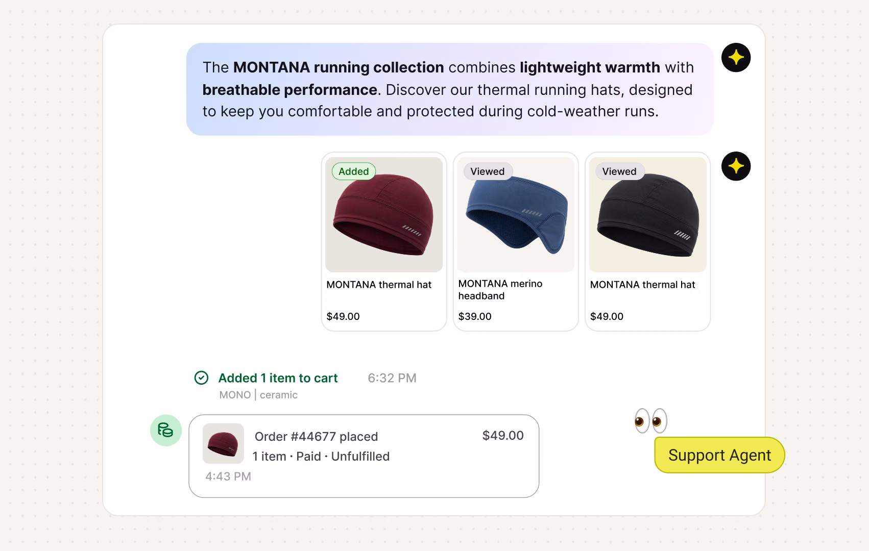 AI Agent recommending a thermal hat collection and confirming a placed order in the same chat