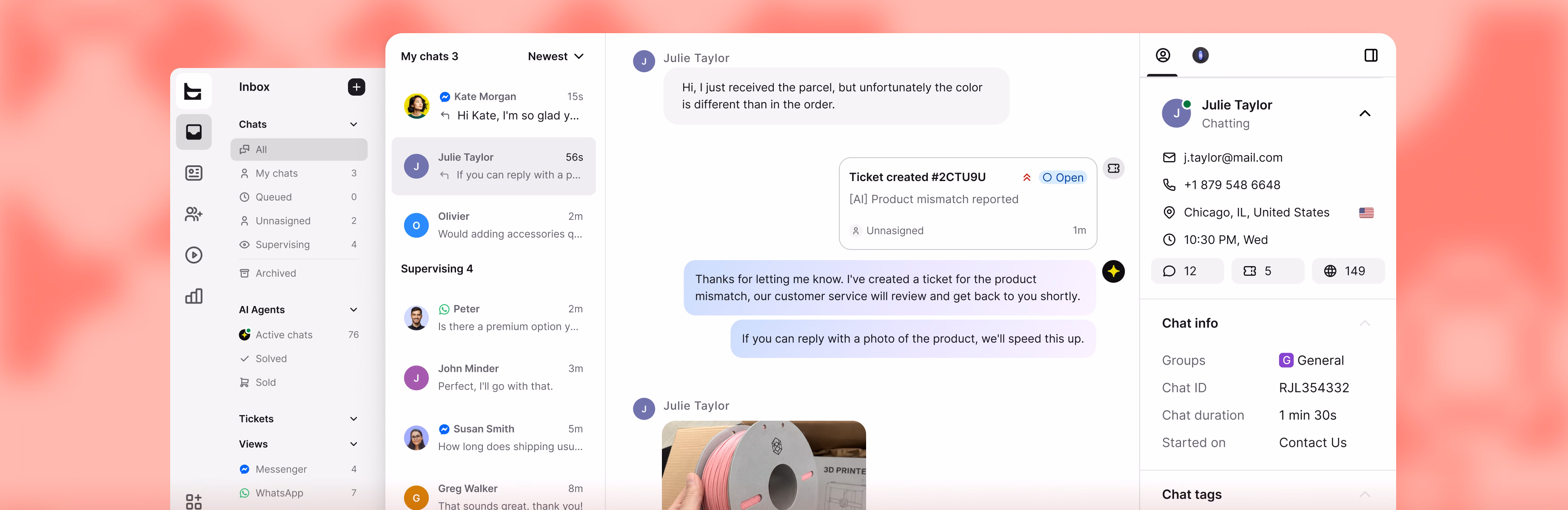 AI Agent creating a support ticket for a mismatched filament order, with the customer's profile and order history visible