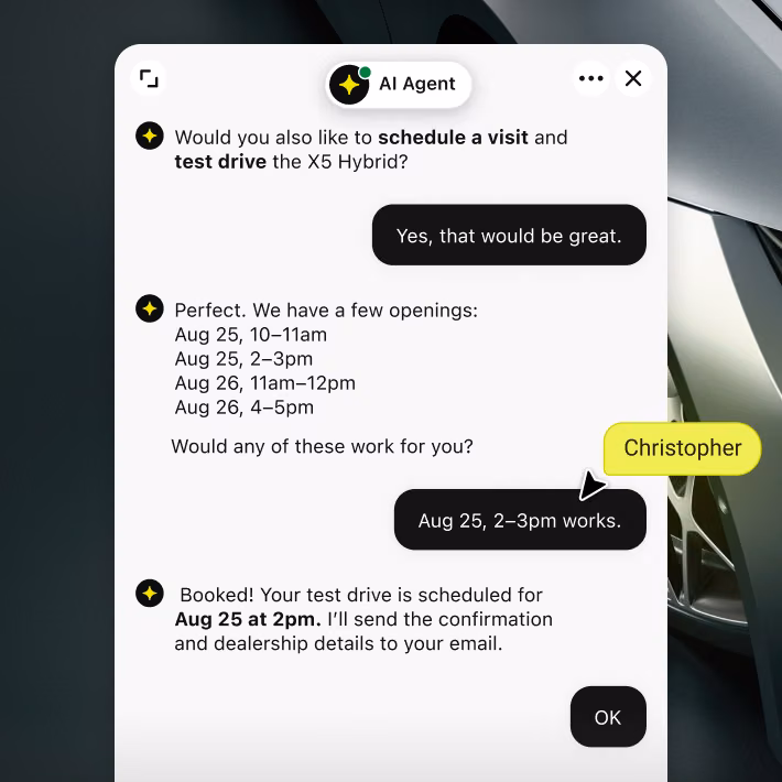 AI Agent offering available time slots and booking a test drive appointment for a visitor