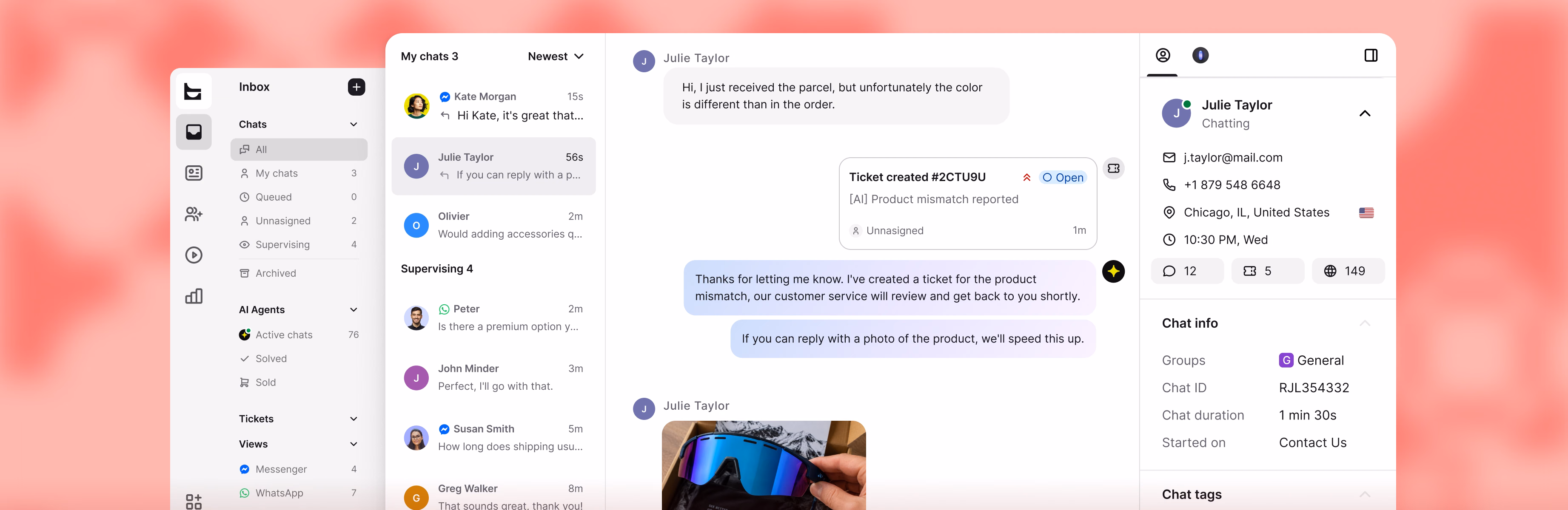 AI Agent creating a support ticket for a product color mismatch, with the customer's order details visible alongside the chat