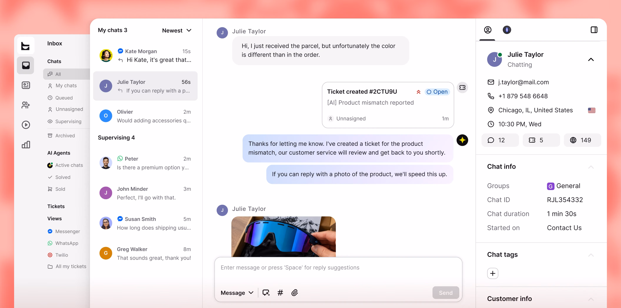AI Agent creating a support ticket for a product color mismatch, with the customer's order details visible alongside the chat