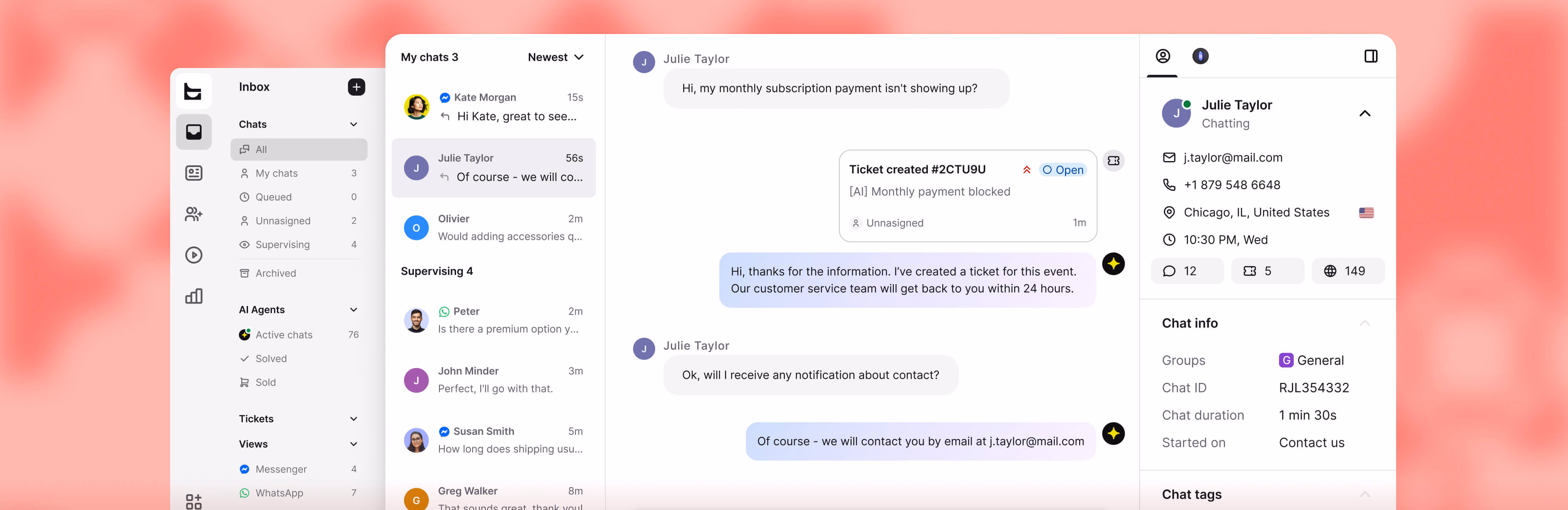 Webflow customer service ticketing system tracking a request from customer chat