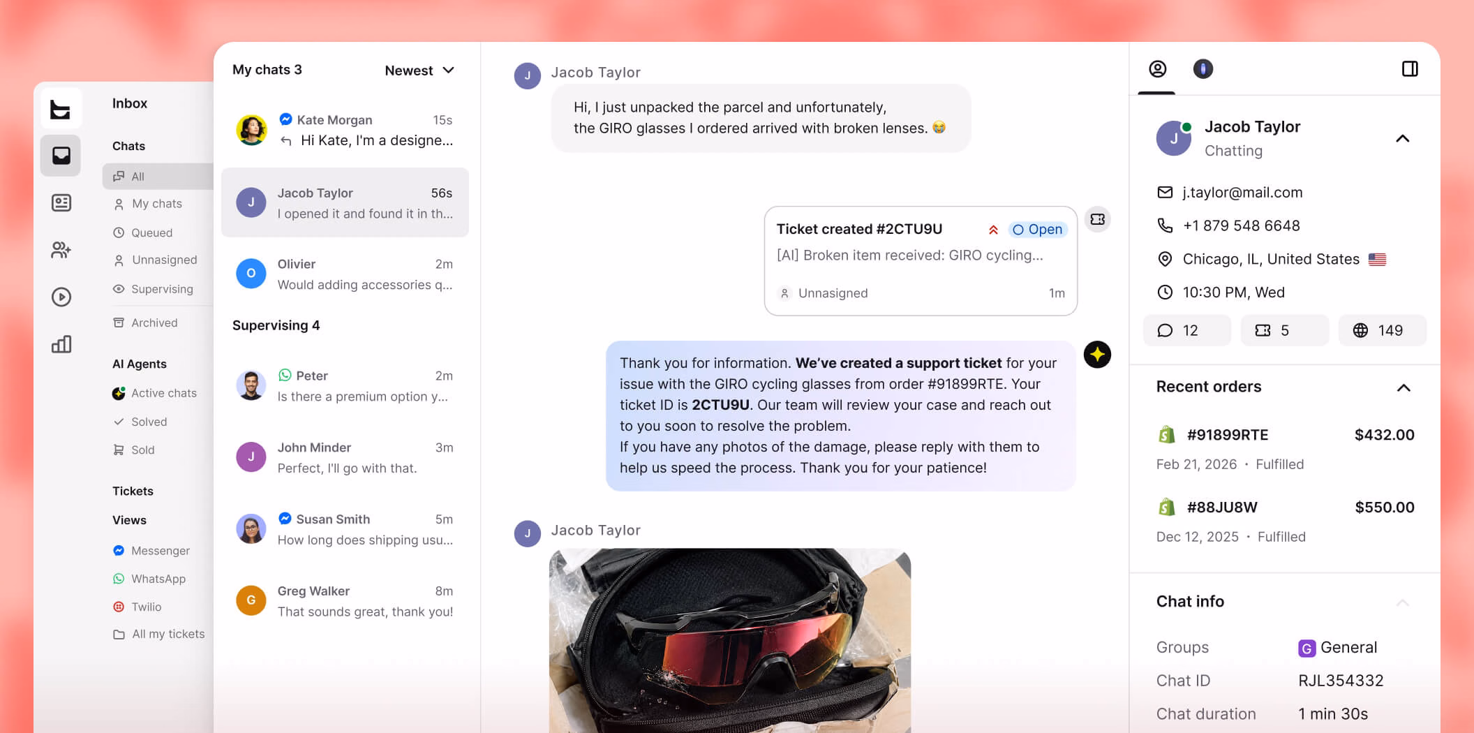 Shopify ticket system creating a support ticket from a broken item conversation