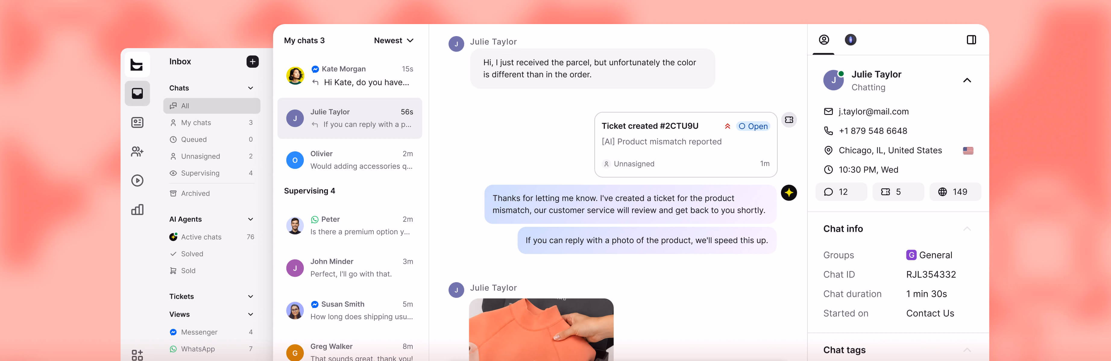 WooCommerce ticket system automatically opening a support ticket from a live chat about a product mismatch