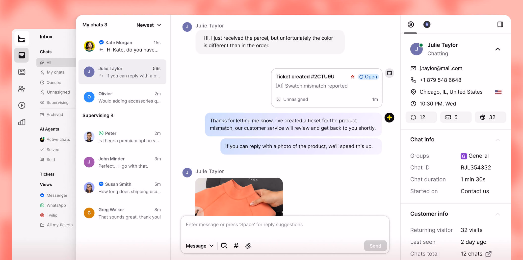 WooCommerce ticket system automatically opening a support ticket from a live chat about a product mismatch
