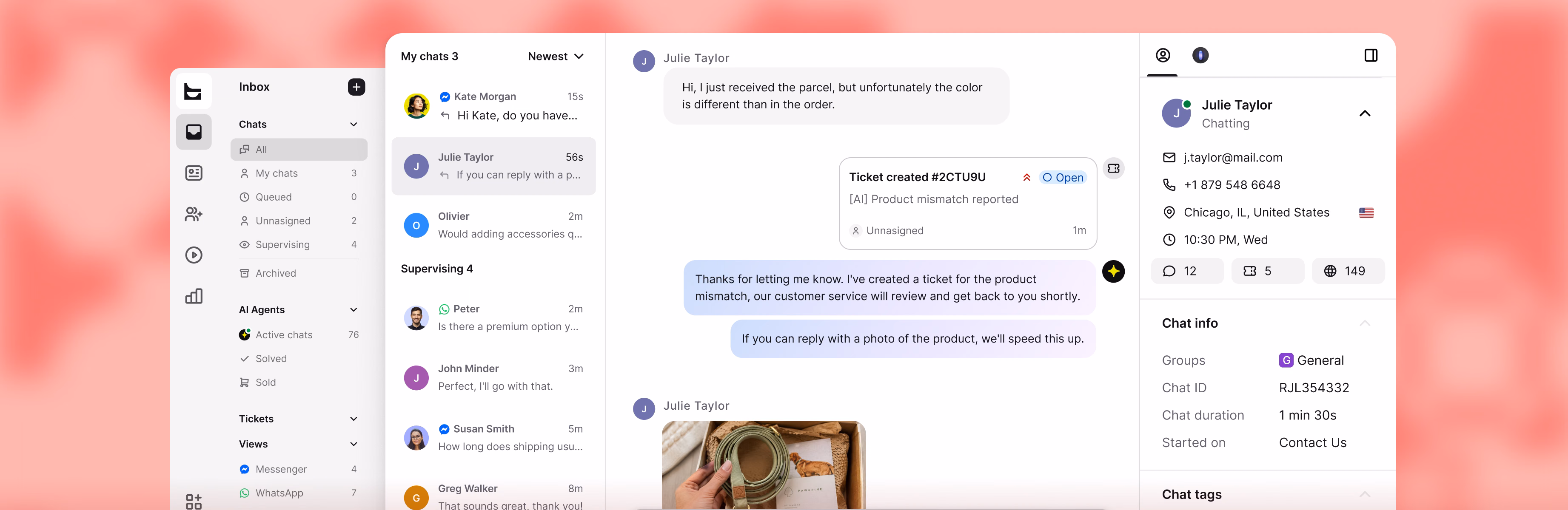 AI Agent creating a support ticket for a product mismatch, with the customer's details visible alongside the chat