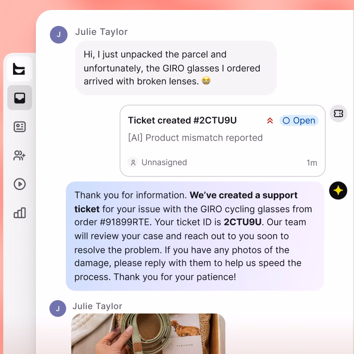 AI Agent creating a support ticket for a product mismatch, with the customer's details visible alongside the chat