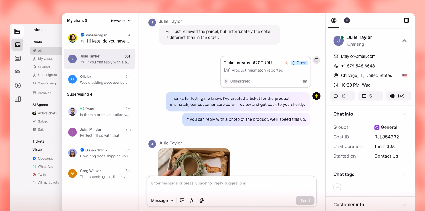 AI Agent creating a support ticket for a product mismatch, with the customer's details visible alongside the chat