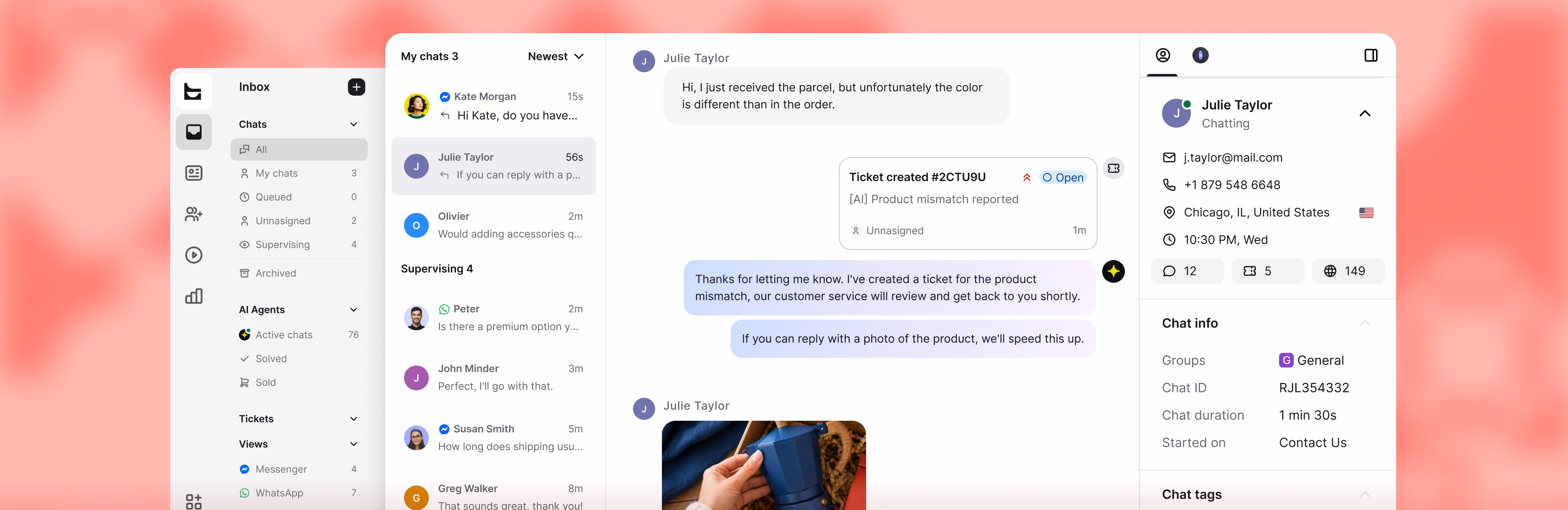 AI Agent creating a support ticket for a product mismatch, with the customer's chat history visible alongside
