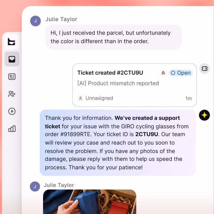 AI Agent creating a support ticket for a product mismatch, with the customer's chat history visible alongside