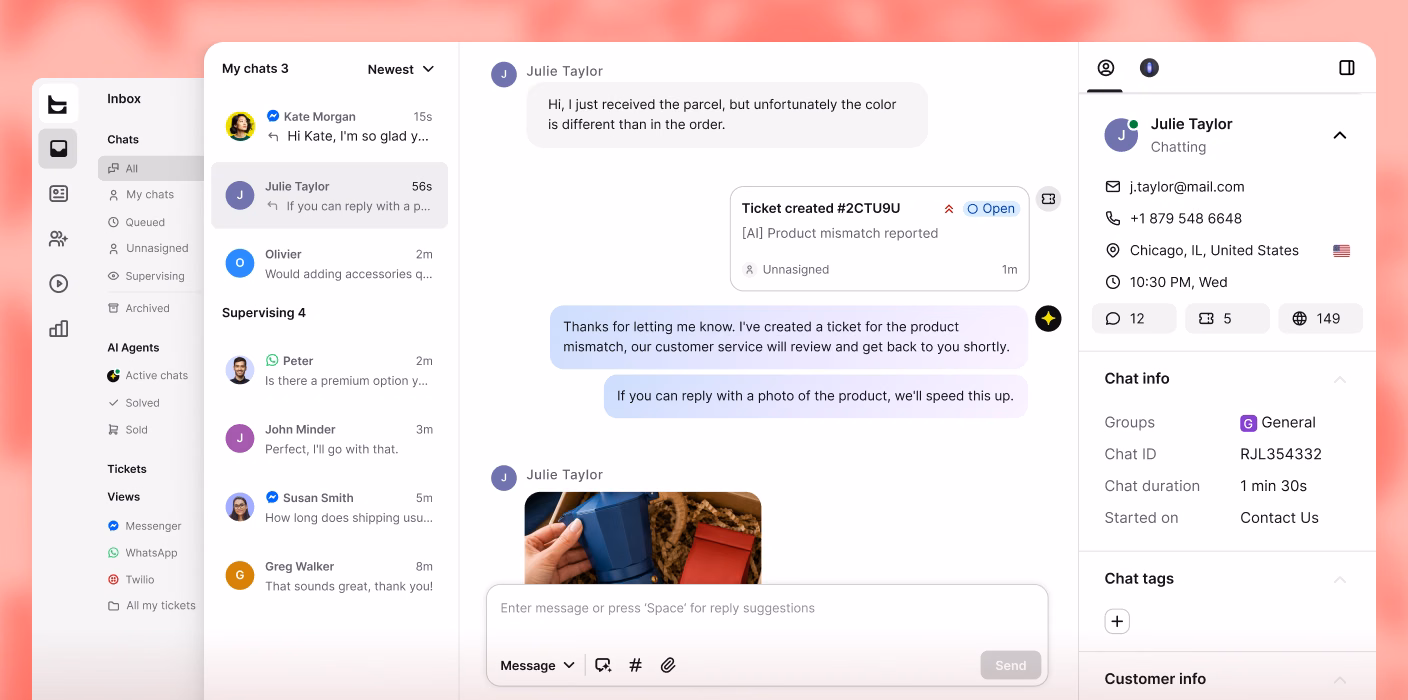 AI Agent creating a support ticket for a product mismatch, with the customer's chat history visible alongside
