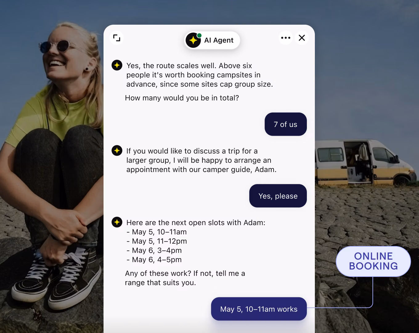 AI Agent chat booking a camper van trip appointment, showing open time slots and an online booking confirmation
