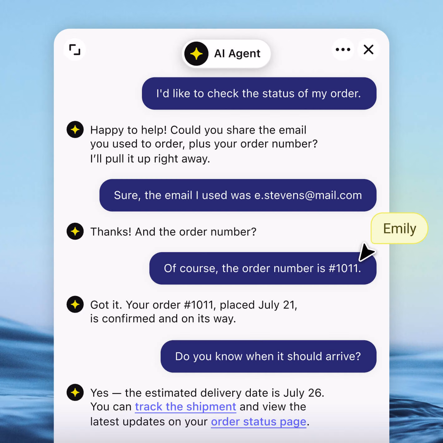 WooCommerce help desk chatbot answering a "where's my order" tracking question in chat