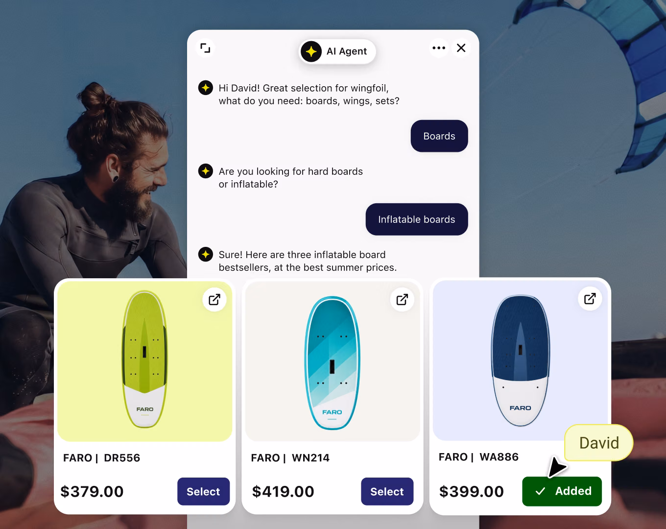 AI Agent chat recommending inflatable wingfoil boards to a shopper, with prices and an added-to-cart confirmation