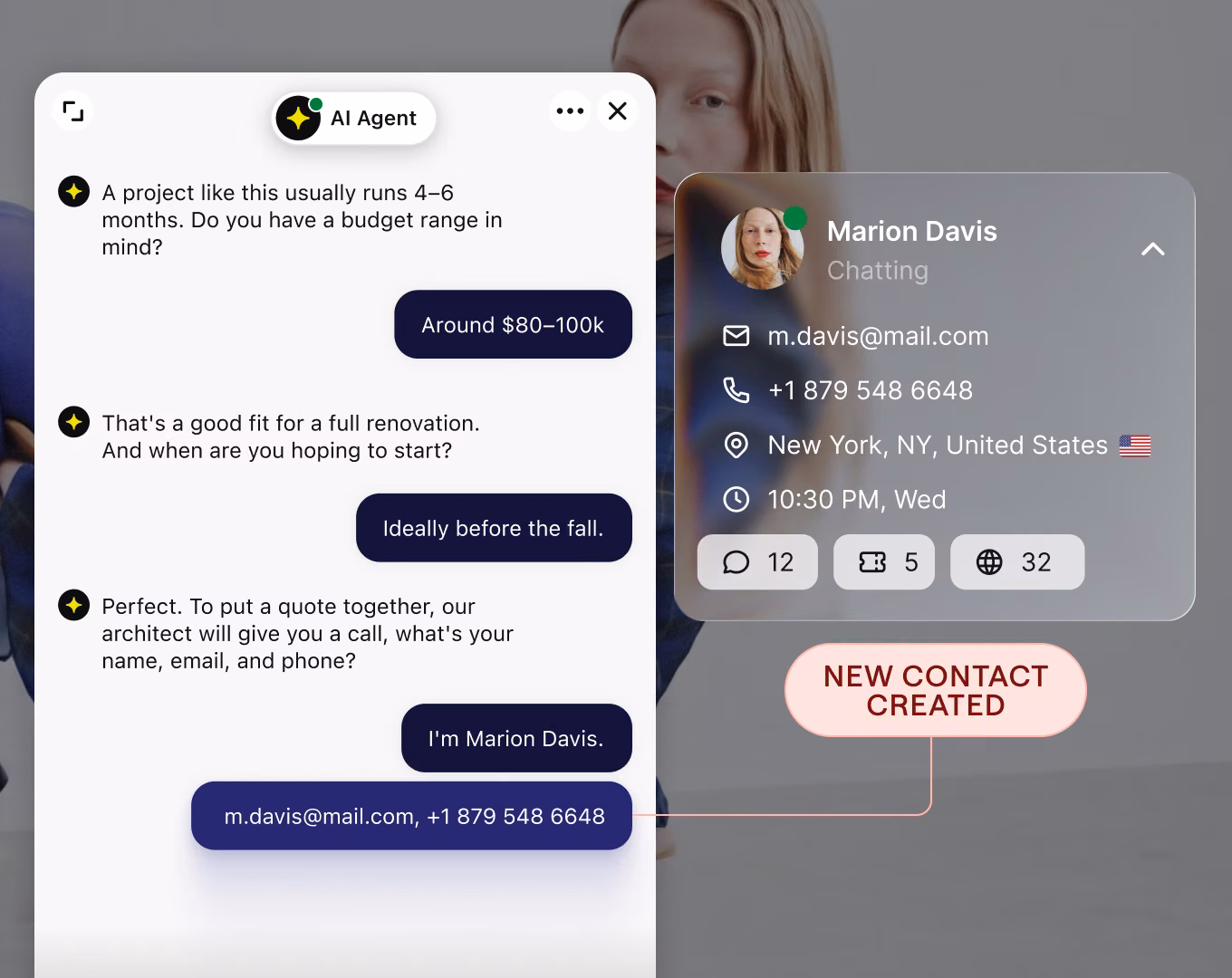 AI Agent chat qualifying a renovation lead by budget and timeline, creating a new contact card