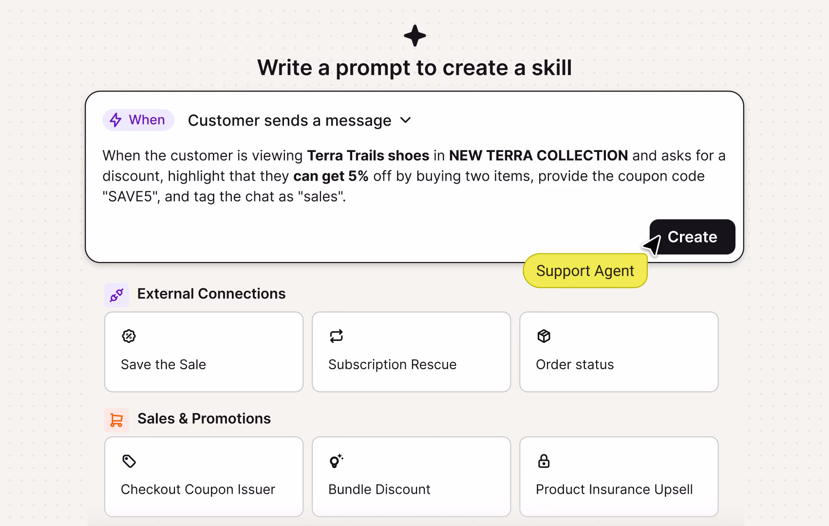 Custom skill builder with a plain-language prompt for offering a discount on a shoe collection