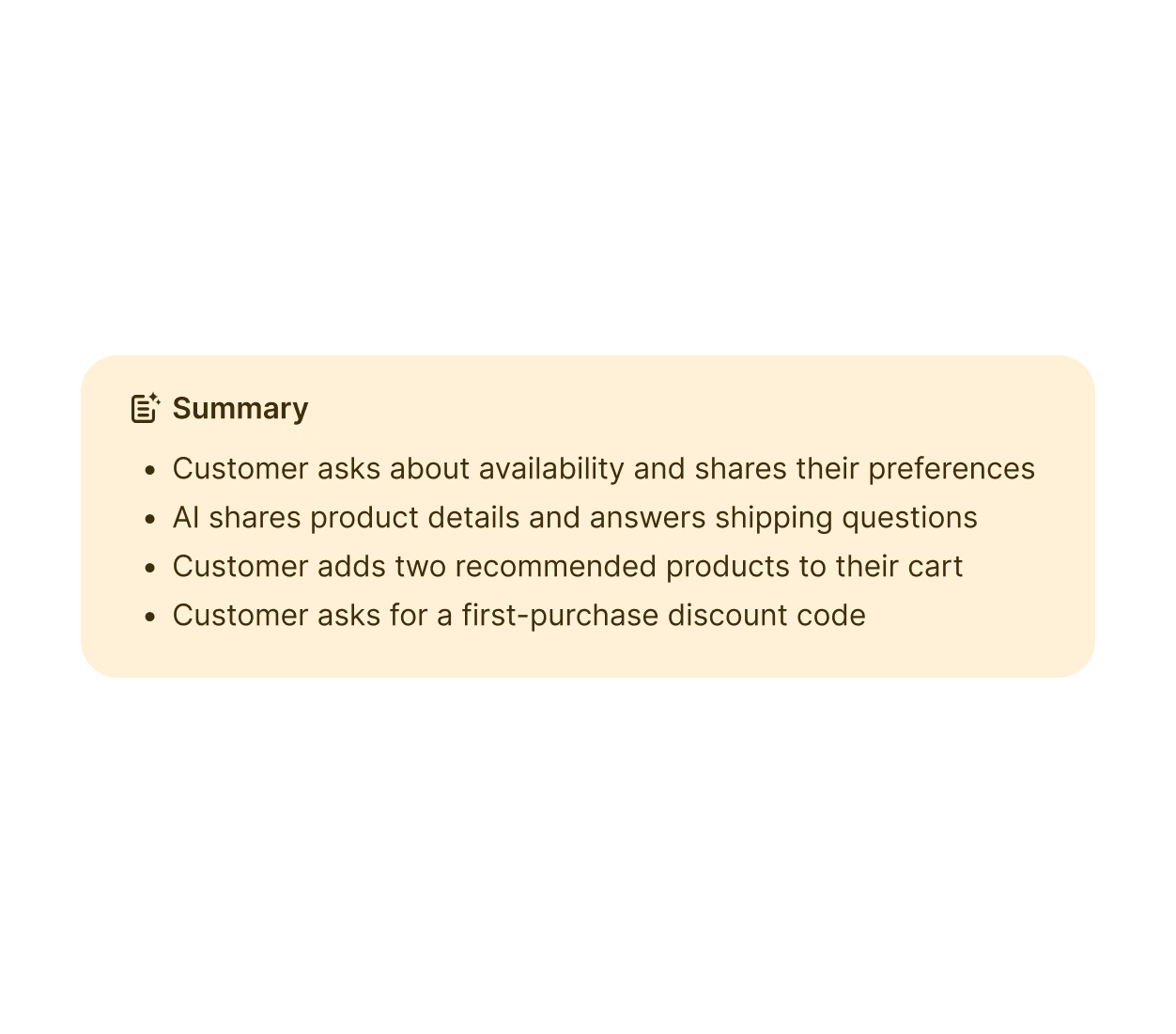 AI-generated conversation summary: customer asked about availability and preferences, AI answered product and shipping questions, customer added two recommended products, customer requested a first-purchase discount code.