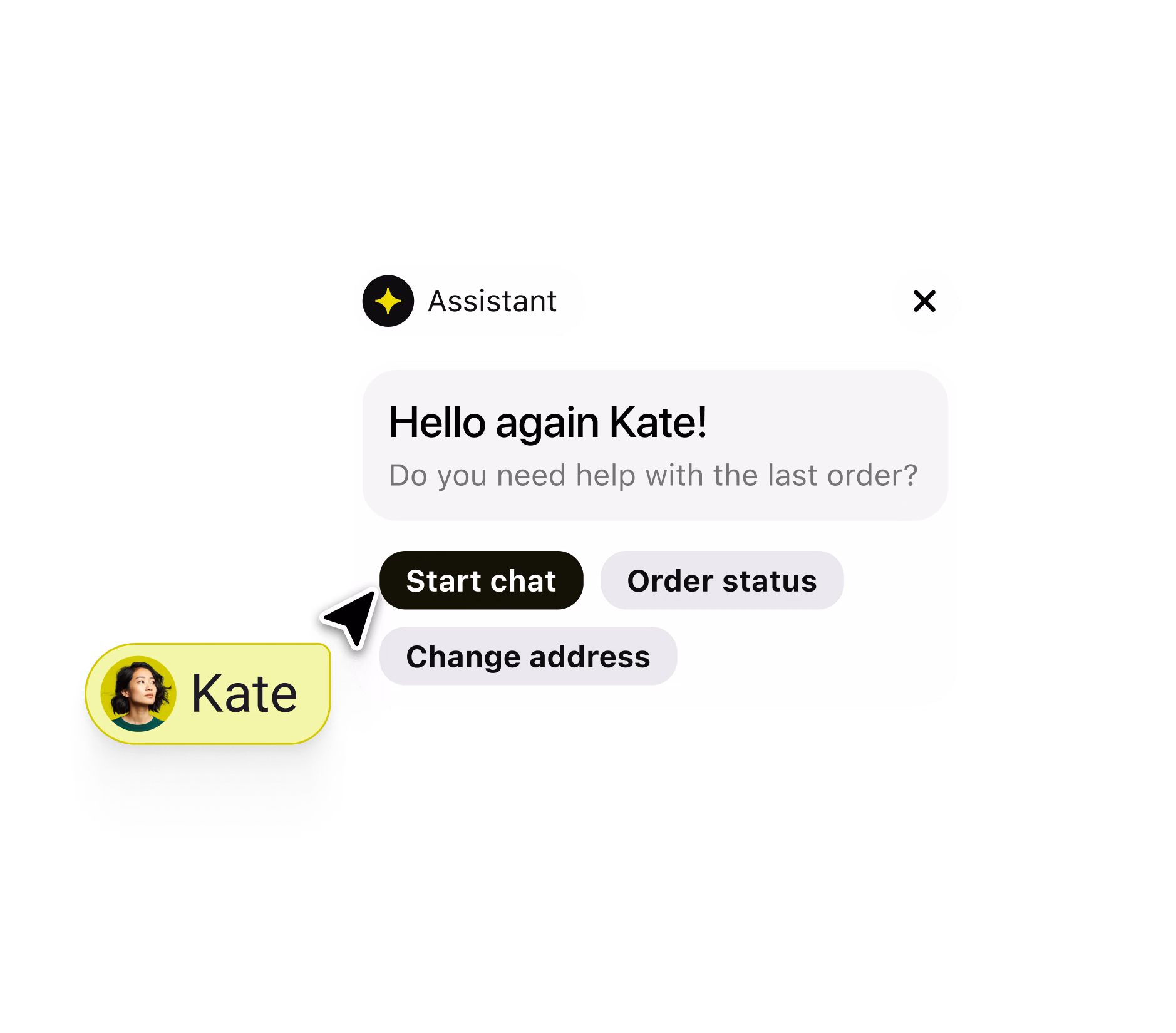 Text Assistant widget greeting returning visitor Kate with 'Hello again Kate!' and quick action buttons: Start chat, Order status, and Change address.