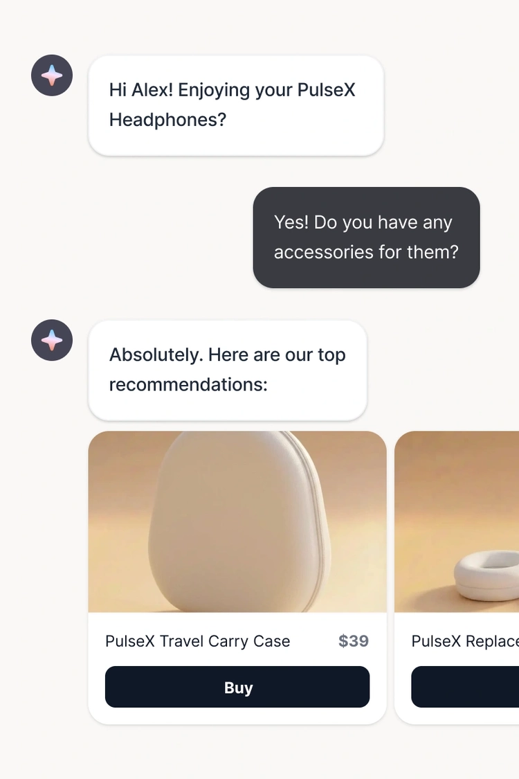 A chat interface showing an AI agent recommending headphone accessories to a customer, illustrating an automated cross-sell interaction with product options.
