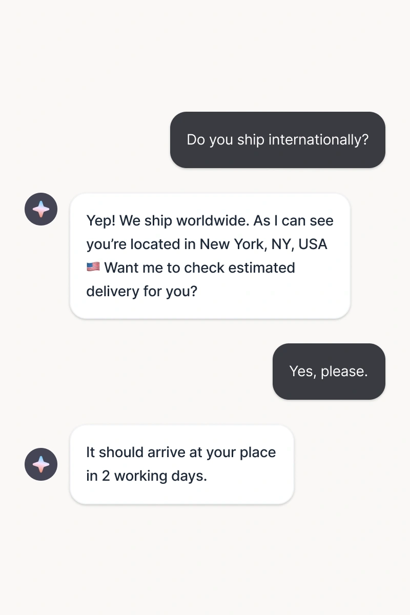 A conversation between an AI customer support agent and a customer about international shipping, illustrating how customer service automation and an AI agent provide delivery details and real-time support.