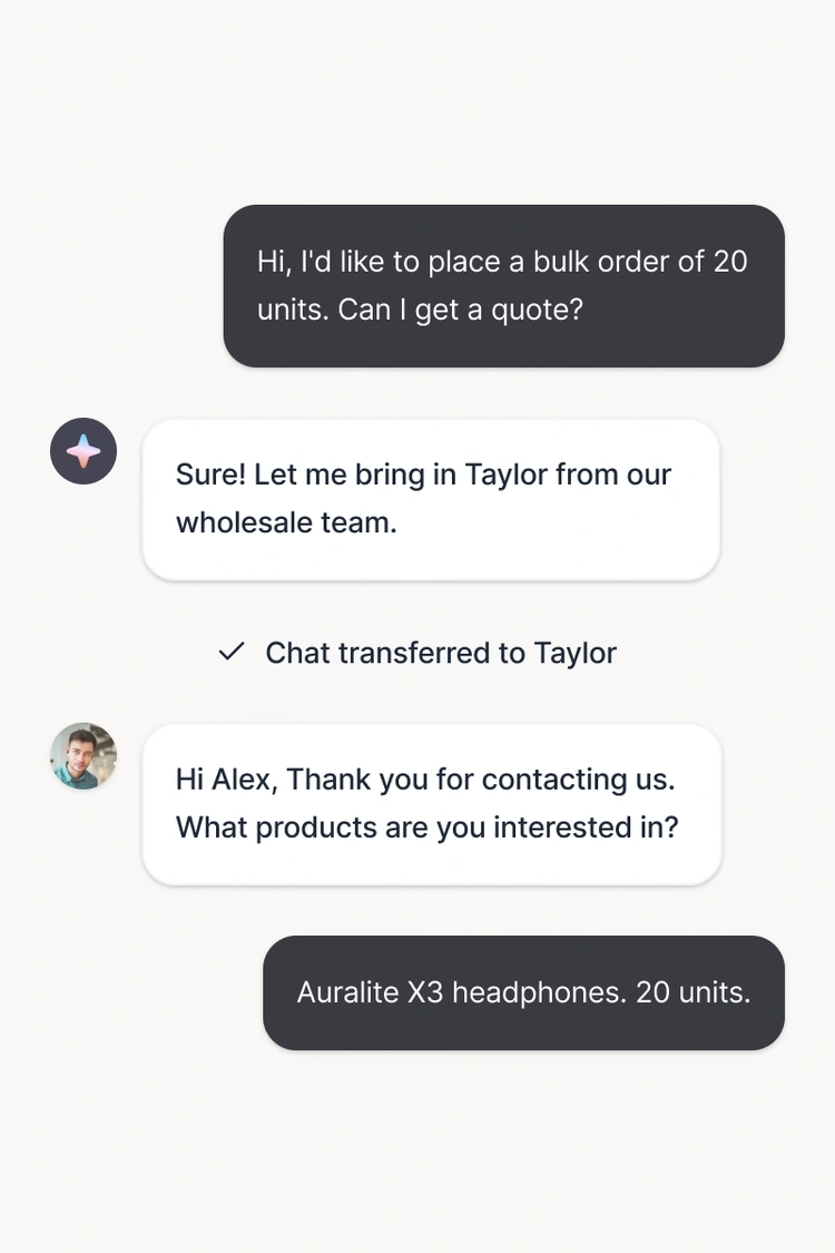 A chat between an AI sales agent and a customer discussing a bulk order quote, showing how AI agents and customer service automation assist sales teams with discounts and wholesale requests.