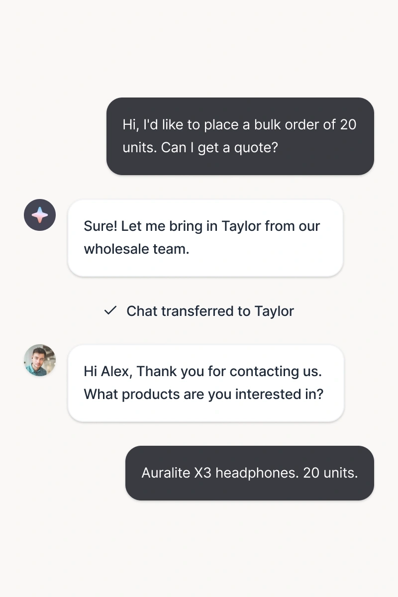 A chat between an AI sales agent and a customer discussing a bulk order quote, showing how AI agents and customer service automation assist sales teams with discounts and wholesale requests.