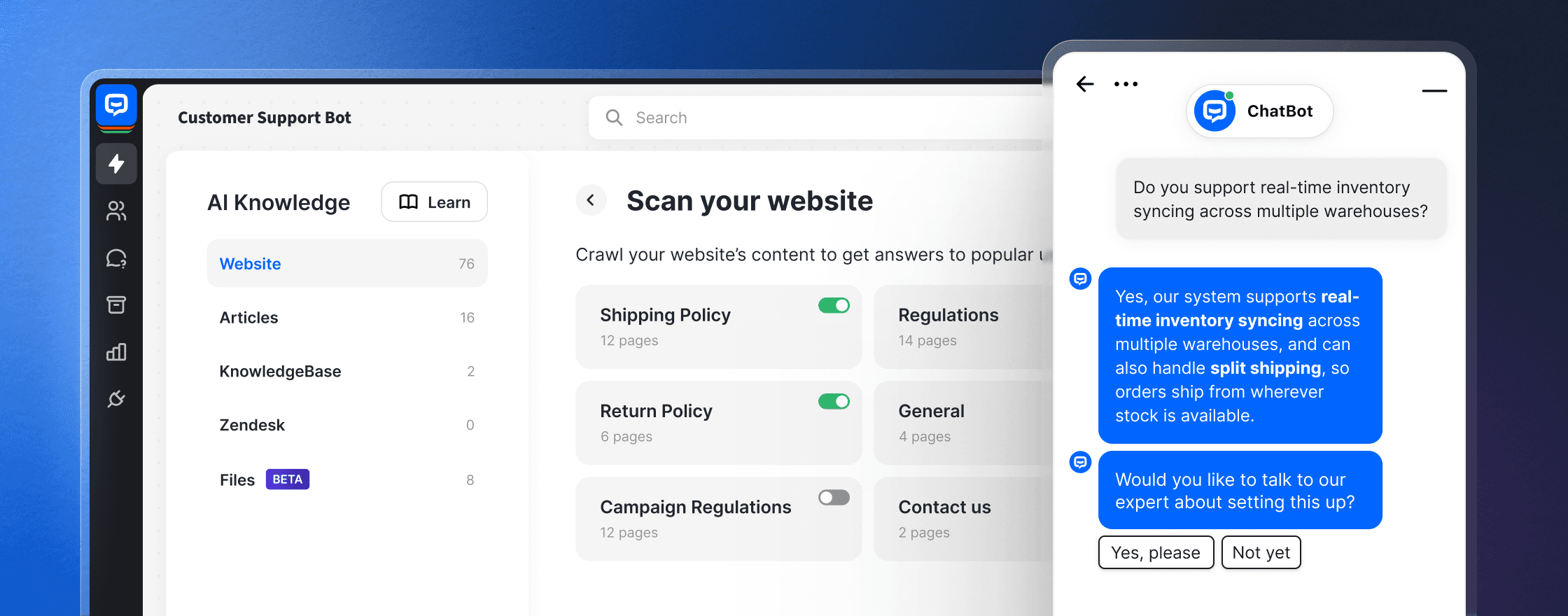 A view inside the ChatBot application showing AI-powered knowledge that scans your website to answer customer questions, alongside a generative AI chatbot resolving a customer’s case.