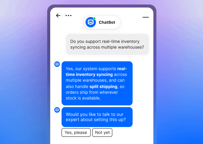 A view inside the ChatBot application showing AI-powered knowledge that scans your website to answer customer questions, alongside a generative AI chatbot resolving a customer’s case.