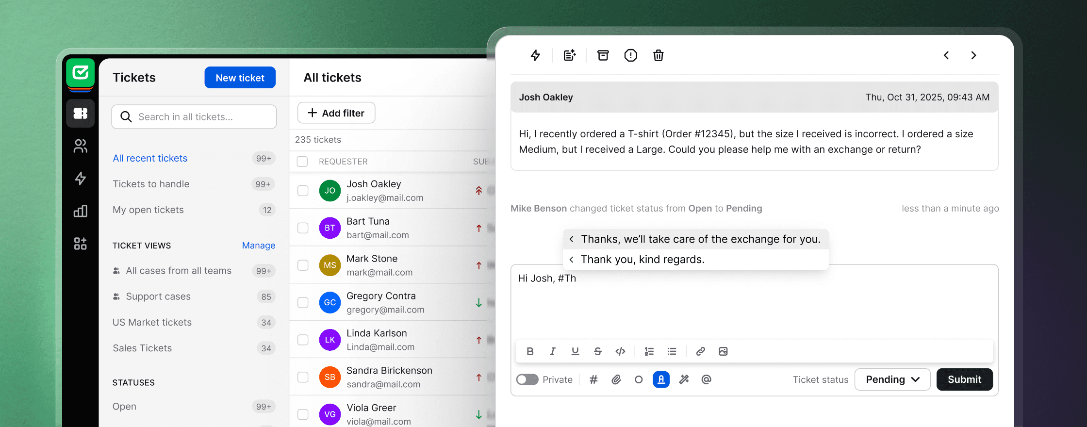 A view of the HelpDesk application showing recent tickets, alongside an open ticket where a customer’s case is being handled with a canned response.