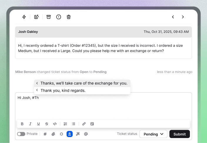 A view of the HelpDesk application showing recent tickets, alongside an open ticket where a customer’s case is being handled with a canned response.