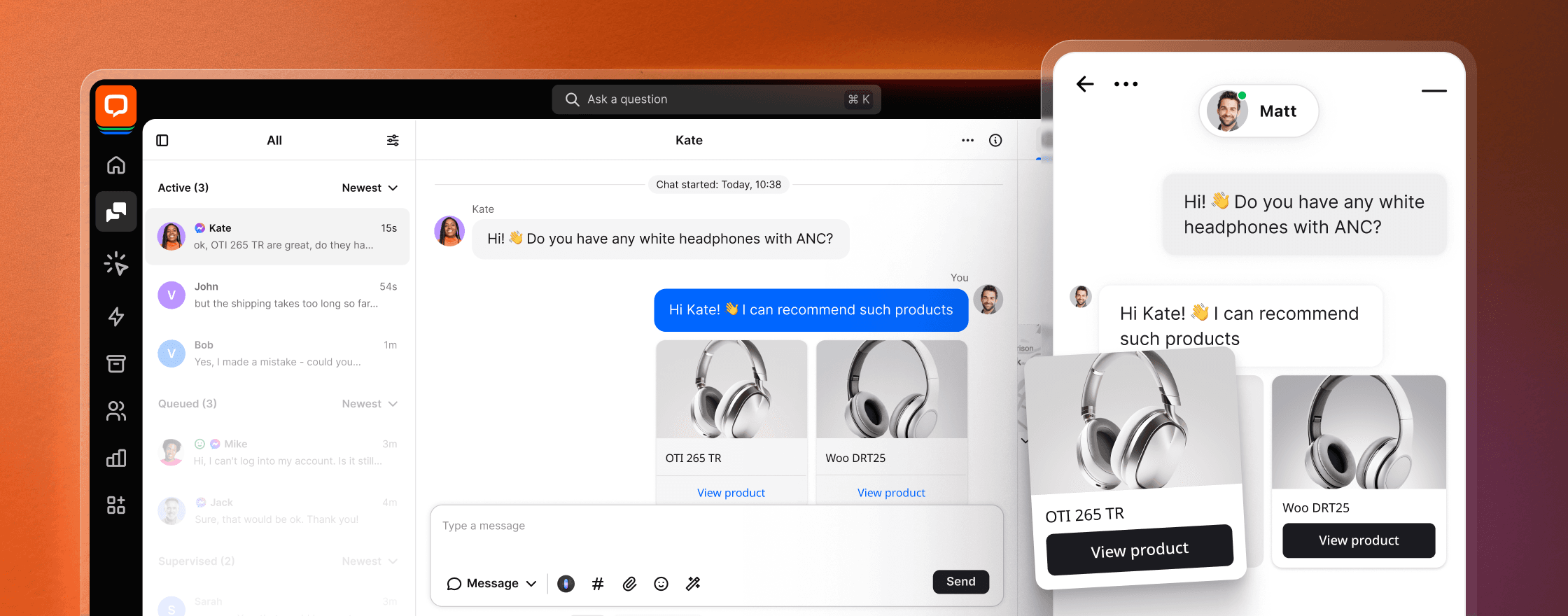 A view inside the LiveChat application showing active customer chats, a conversation in the chat widget, and product cards displaying headphones the customer wants to buy.
