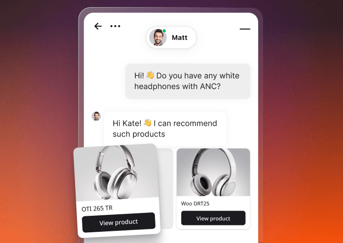 A view inside the LiveChat application showing active customer chats, a conversation in the chat widget, and product cards displaying headphones the customer wants to buy.