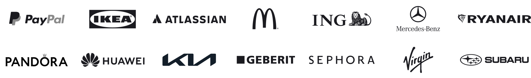 Company logos: PayPal, IKEA, Atlassian, McDonald's, ING, Mercedes-Benz, Ryanair, Pandora, Huawei, KIA, Geberit, Sephora, Virgin, and Subaru displayed in two rows.